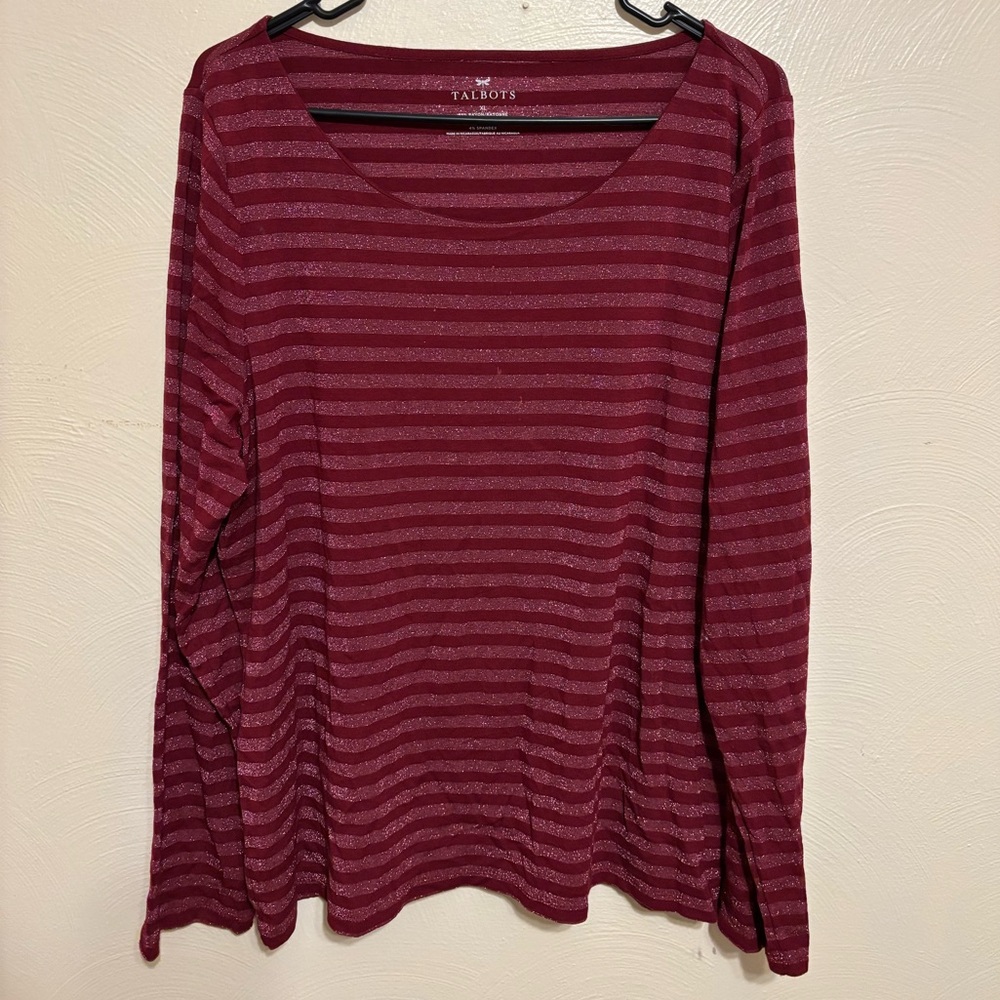 Talbots XL Burgundy Metallic Stripe Long Sleeve Scoop Neck Top